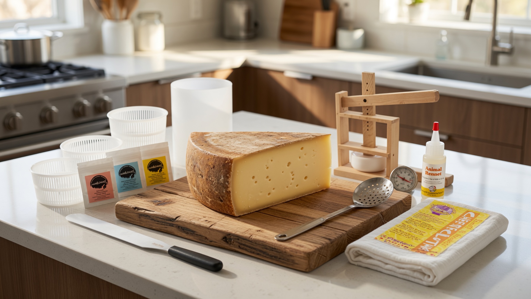 Meule de comté maison façon tomme affinée, coupée pour révéler sa pâte dorée